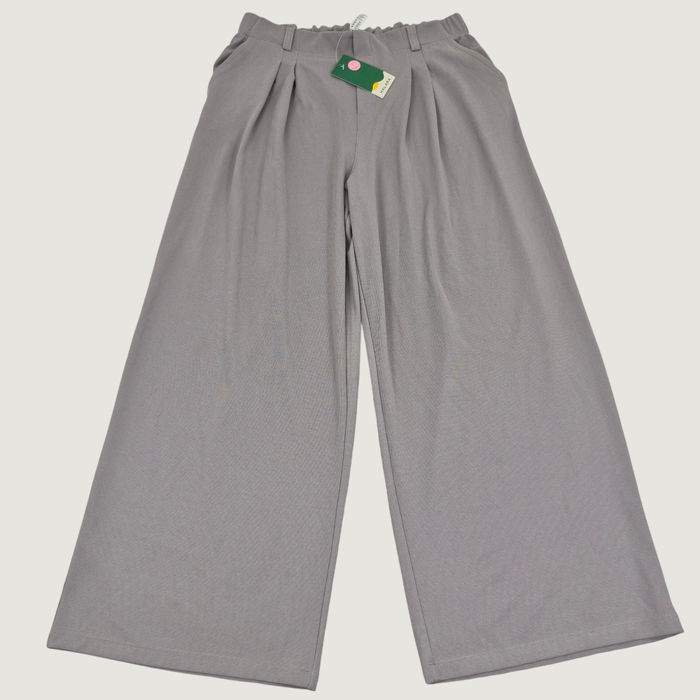 NWT Halara Wide Leg Trousers XL Taupe Grey Waffle Knit Pleated High Waist Pants